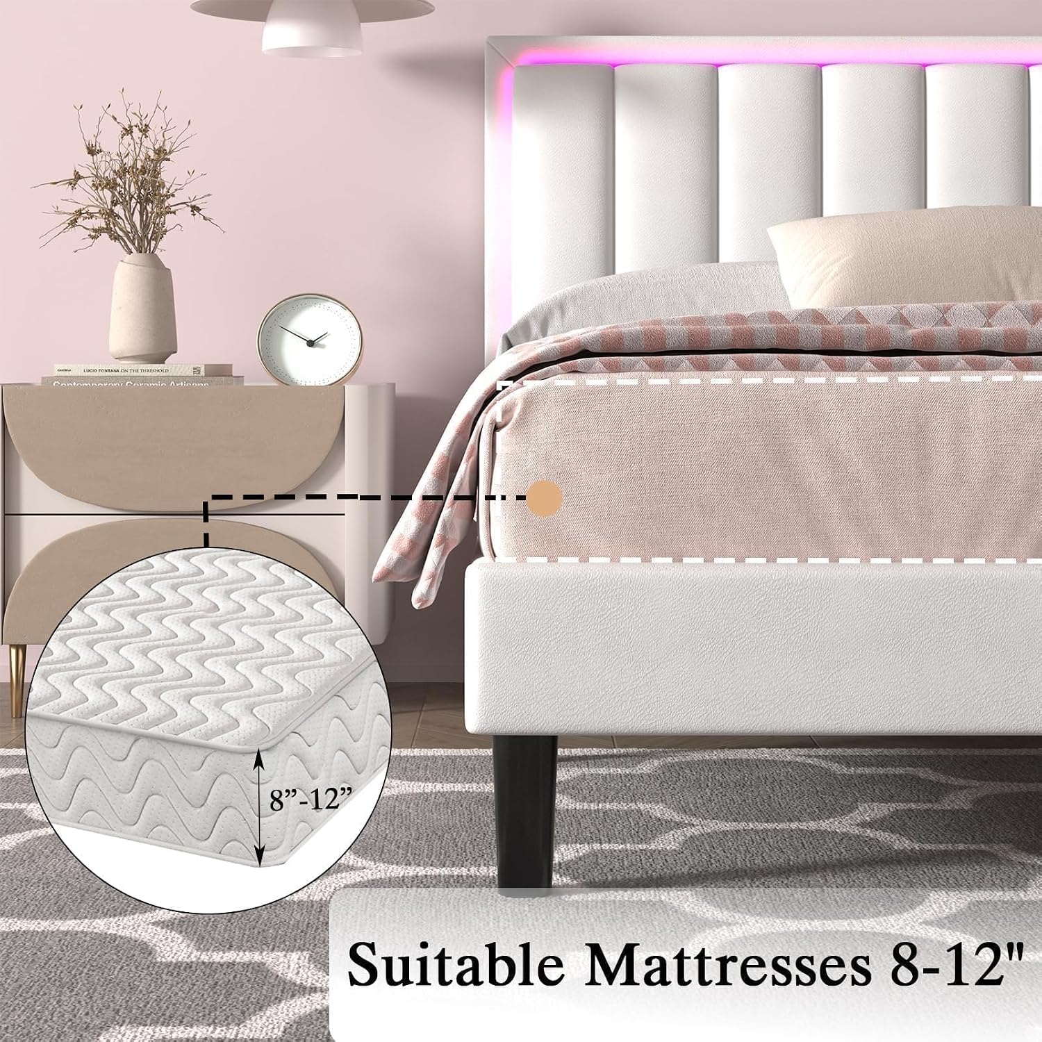 IMMERSTABLE Full Size Bed Frame with RGB LED Lights, Upholstered Platform Bed Frame with Headboard, Wood Slat Support, No Box Spring Needed, Quiet Design, Easy Assembly, White