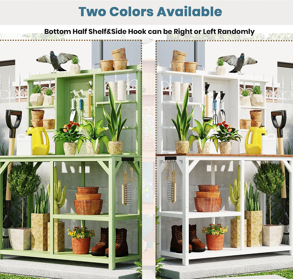 64.6' Outdoor Large Potting Bench Table,Wood Workstation with 6-Tier Shelves and Large Tabletop,Backsplash and Side Hook,for Mudroom Backyard Garden Patio (White@Shelves)