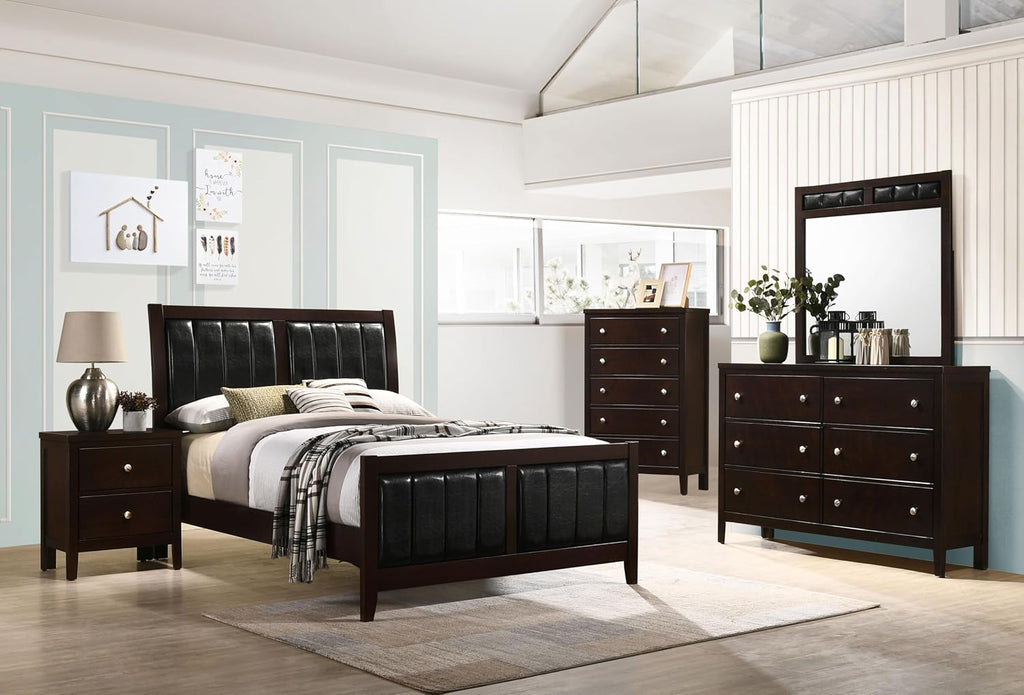 Coaster Home Furnishings Carlton Contemporary 4-Piece Bedroom Set Leatherette Upholstered Full Size Panel Bed Frame 51-inch Headboard Cappuccino 202091F-S4