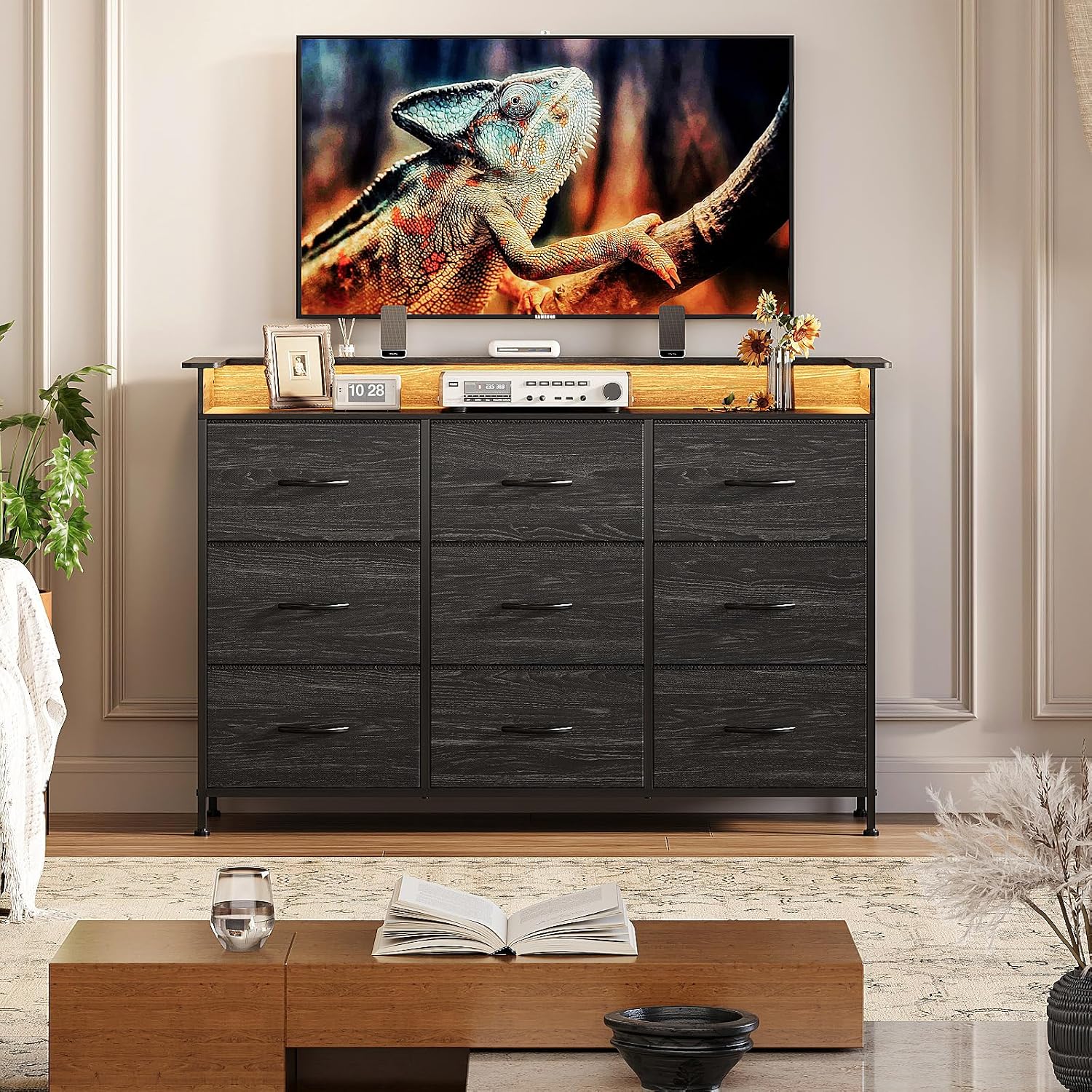 EXOTICA Black Dresser with Charging Station 9 Drawers Dresser with LED Light and USB Ports Fabric Dressers for Bedroom Hallway Entryway Closets Sturdy Steel Frame Wood Top
