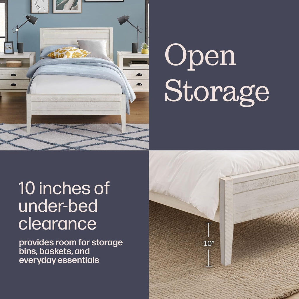 Alaterre Furniture Windsor Bed Frame with Headboard and Footboard - Solid Wood Twin Platform Bed Frame with Wood Slat Support - No Box Spring Needed, Easy Assembly (White Driftwood, Panel Headboard)