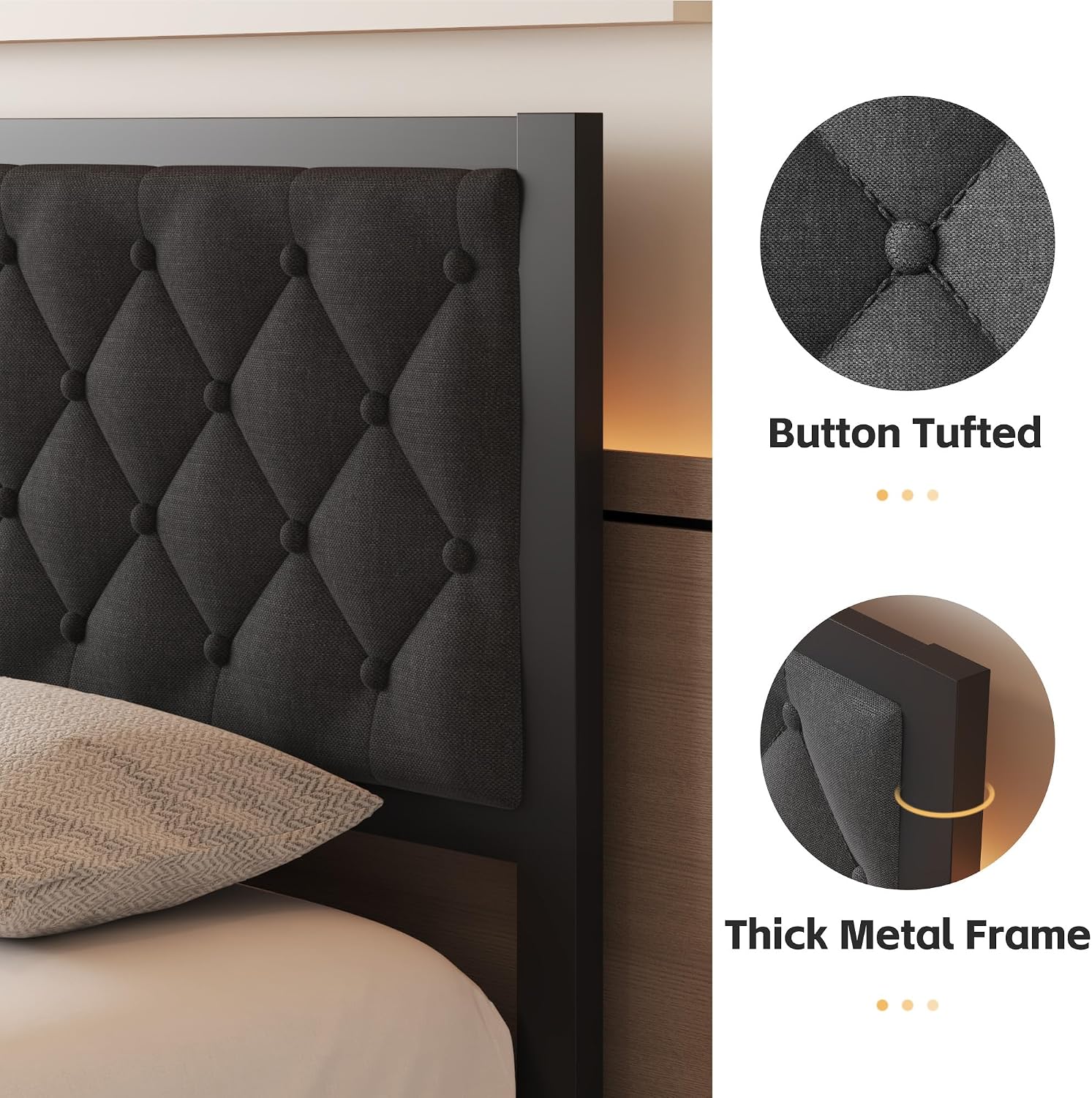 Fluest Full Bed Frame with Headboard Linen Upholstered Bed Frame Platform,All Metal Slats Support Platform Bed Frame with Storage Space,Easy Assembly,Noise Free,No Box Spring Needed,Grey
