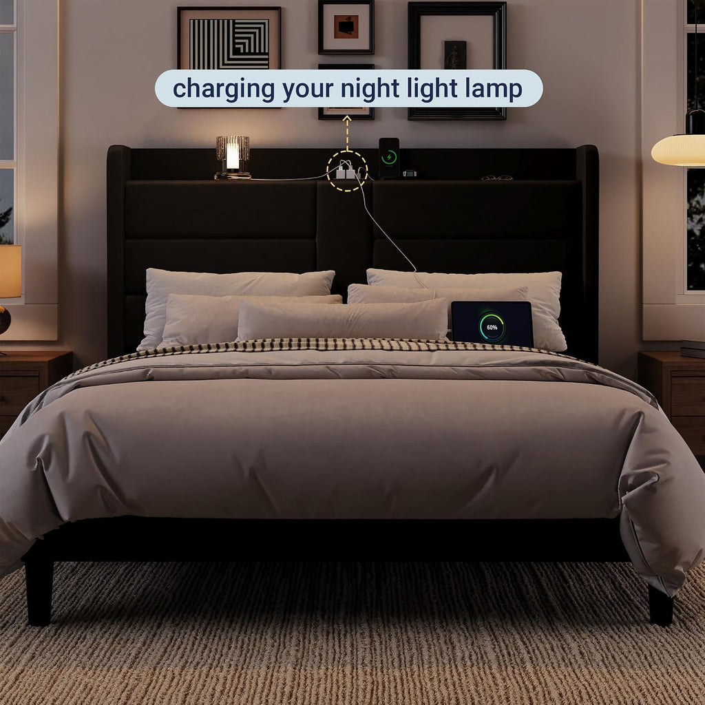 Allewie Full Size Platform Bed Frame with Charging Station & Storage Headboard, Upholstered Velvet Wingback Design & USB Port, Strong Wooden Slats Support, No Box Spring Needed, Easy Assembly, Black