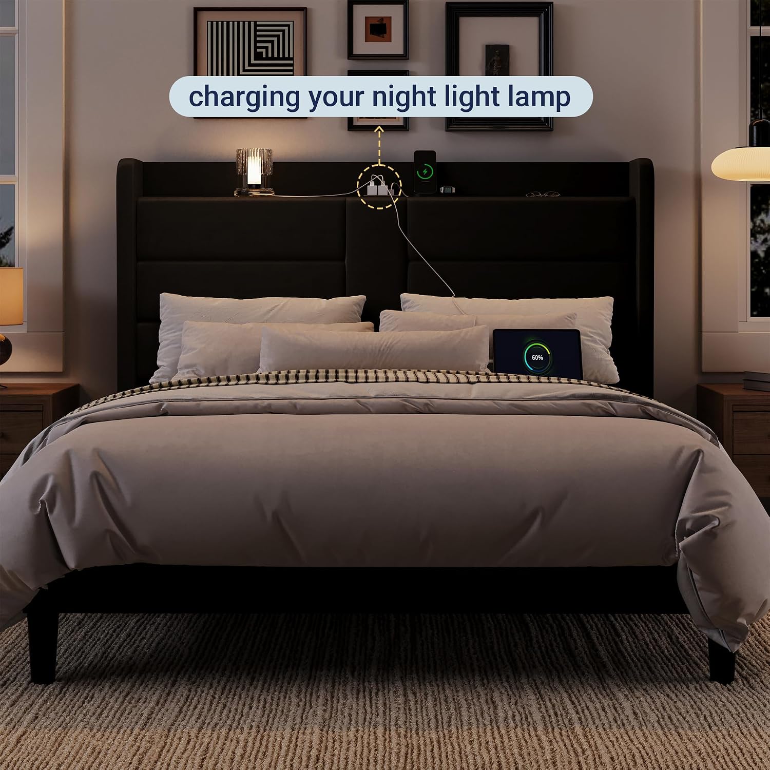 Allewie Queen Size Platform Bed Frame with Charging Station & Storage Headboard, Upholstered Velvet Wingback Design & USB Port, Strong Wooden Slats Support, No Box Spring Needed, Easy Assembly, Black