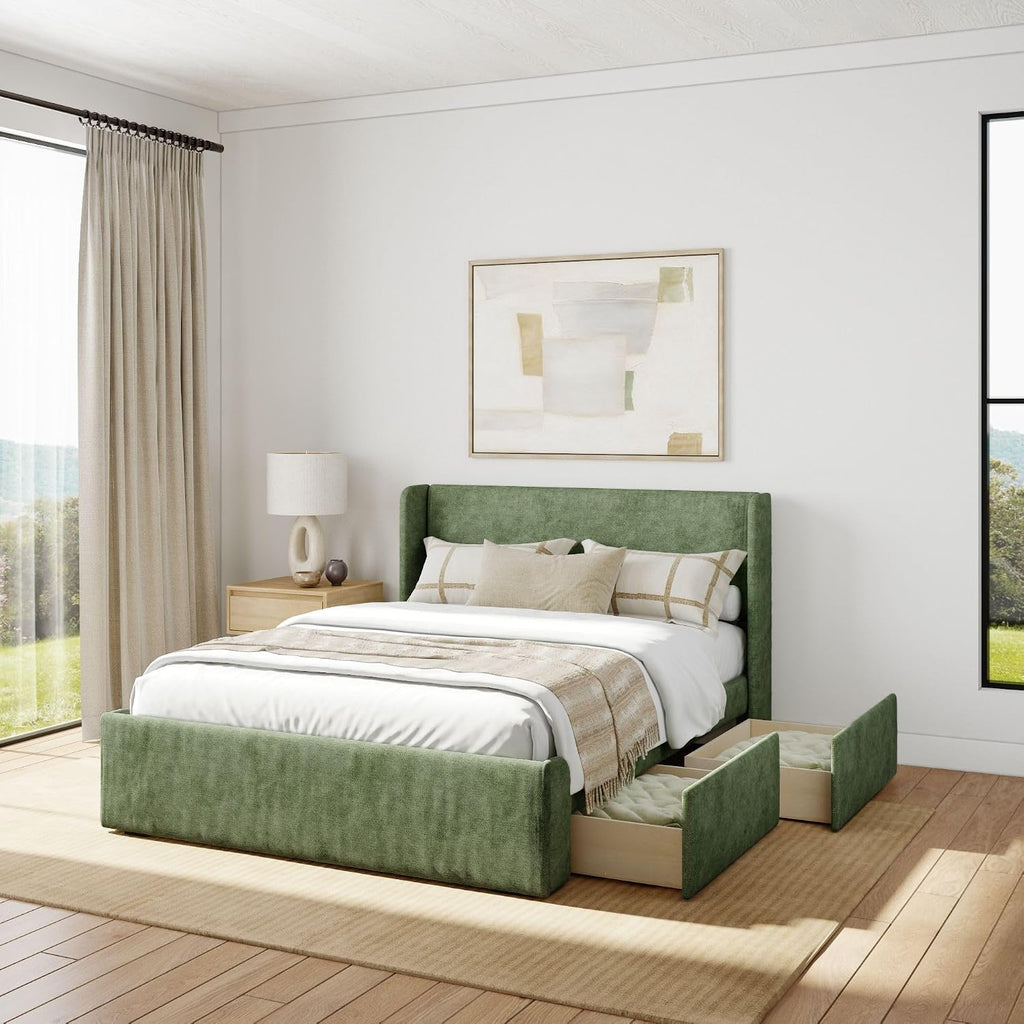 Plank+Beam Upholstered Full Bed Frame with Rectangular Headboard and Two Storage Drawers, Upholstered Platform Bed, No Box Spring Needed, Easy Assembly, Green