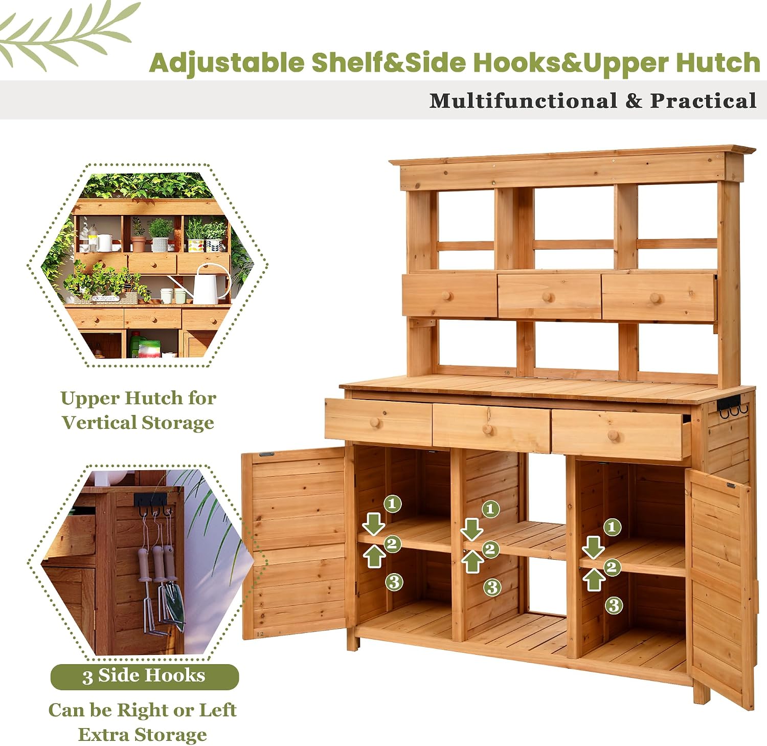 Roomfitters 66 Inch Tall Garden Potting Bench with Hutch and 6 Drawers, Fir Wood Storage Workstation, Natural