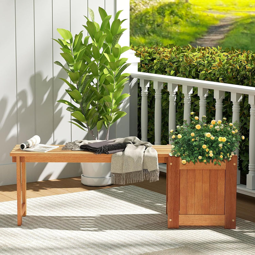2 Benches with Planter Boxes, 2 in 1 Wooden Flower Box Kit with Seat, Open-Ended Base & Slotted Construction, Outdoor Plant Container for Garden, Yard, Balcony (Natural)