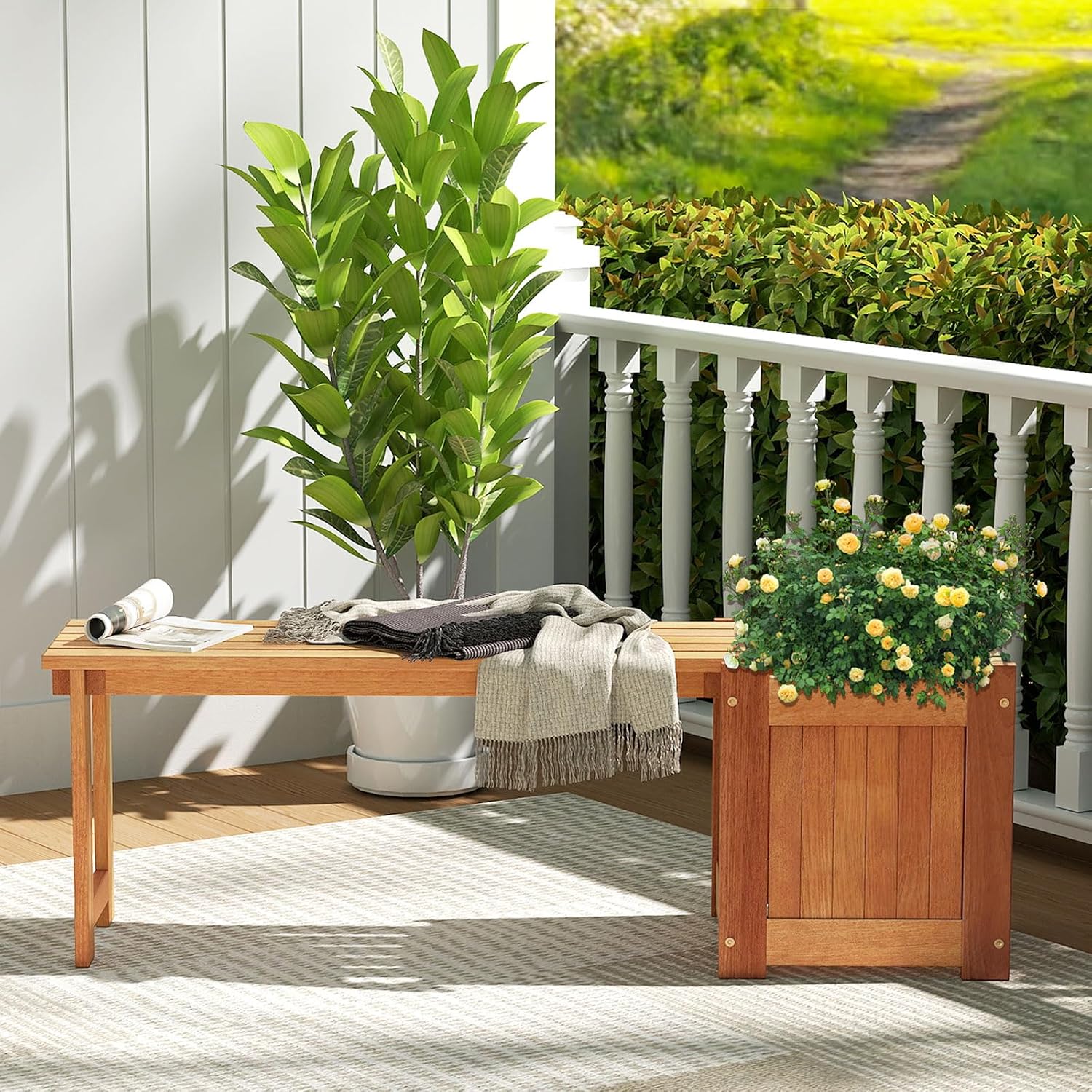 2 Benches with Planter Boxes, 2 in 1 Wooden Flower Box Kit with Seat, Open-Ended Base & Slotted Construction, Outdoor Plant Container for Garden, Yard, Balcony (Natural)