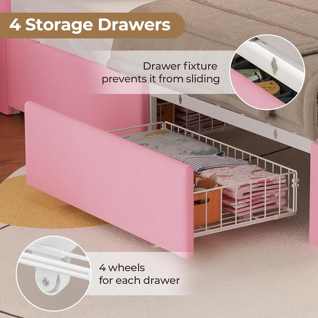 HAUOMS Twin Size Bed Frame with LED Lights & 4 Drawers, Princess Velvet Upholstered Platform Bed for Girls, Headboard with Charging Station & Guardrail & Crystal Button, No Box Spring Needed, Pink