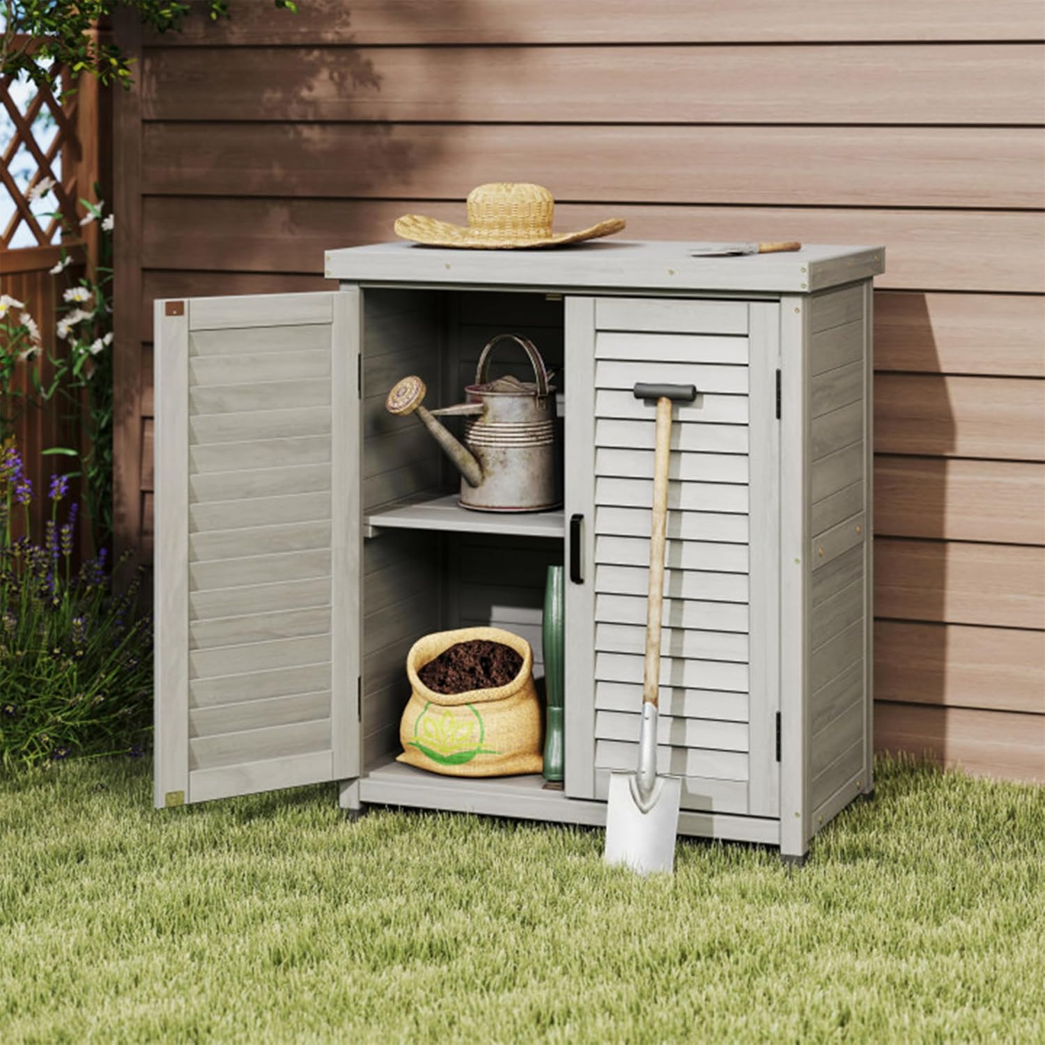 Potting Bench with Storage Cabinet and Metal Table Top for Outdoor Patio, GFurniture Wood Workstation Grey 31.5x17x36''