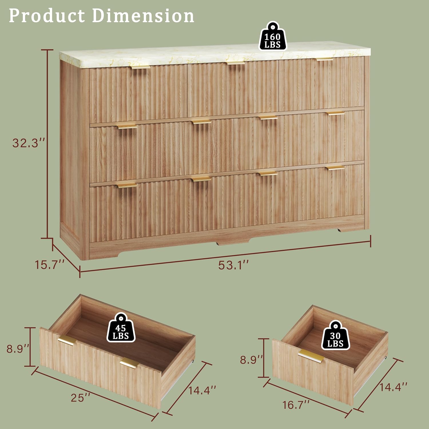 Fluted Dresser for Bedroom with 7 Drawers, 53'' Modern Dressers with Faux Marble Top, Mid Century Chests of Drawers with Gold Handle & Curved Profile, Natural Wood TV Dresser for Bedroom, Living Room