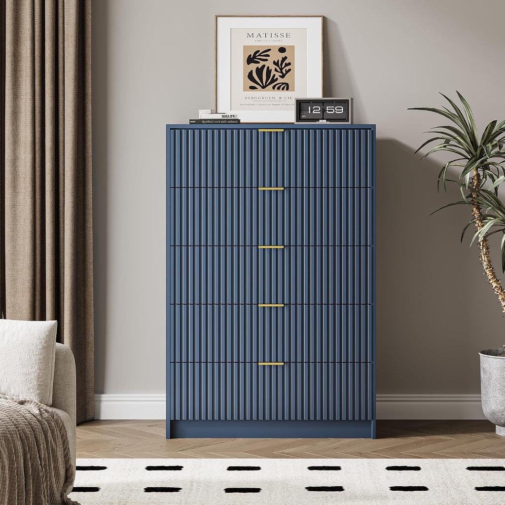 MAISONARIA 5 Drawer Dresser for Bedroom, Tall Dresser Chest of Drawers with Gold Handles, 32 Inch Wide Nightstand with for Bedroom, Living Rooms, Offices, and Entryways, Navy Blue