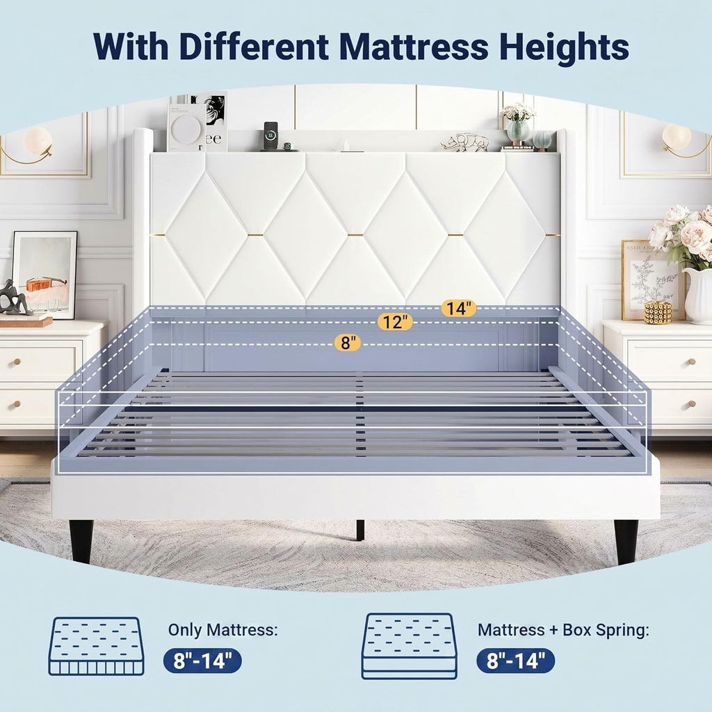 Allewie Velvet Full Size Upholstered Bed Frame with Wingback Storage Headboard & Charging Station, Platform Bed with Diamond Tufted Design & Gold Trim, No Box Spring Needed, Easy Assembly, White