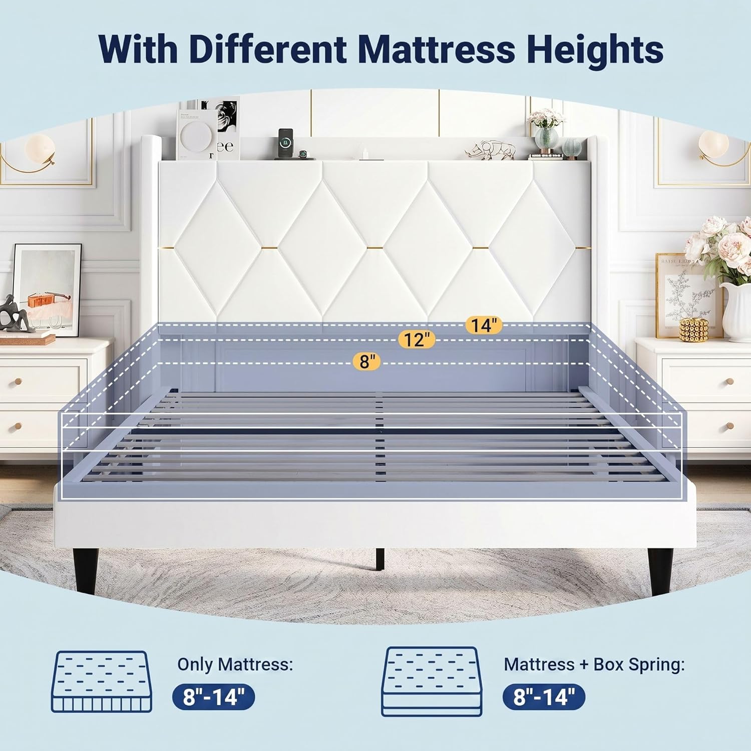 Allewie Velvet Full Size Upholstered Bed Frame with Wingback Storage Headboard & Charging Station, Platform Bed with Diamond Tufted Design & Gold Trim, No Box Spring Needed, Easy Assembly, White