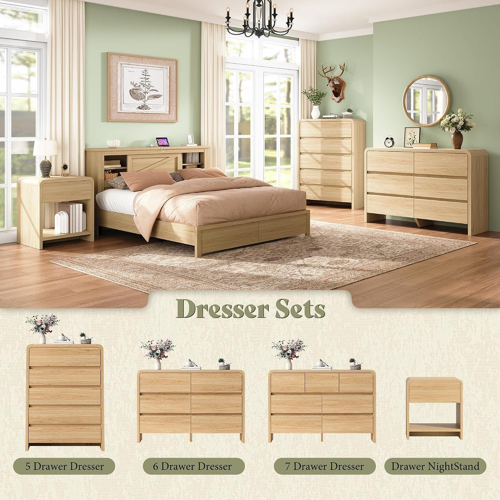 AMERLIFE 6 Drawer Dresser for Bedroom, 49' Wide Modern Storage Cabinet with Rounded Edges & Anti-Tip Kit, Wood Chest of Drawers for Closet, Hallway or Nursery, Easy Assembly, Light Oak Finish