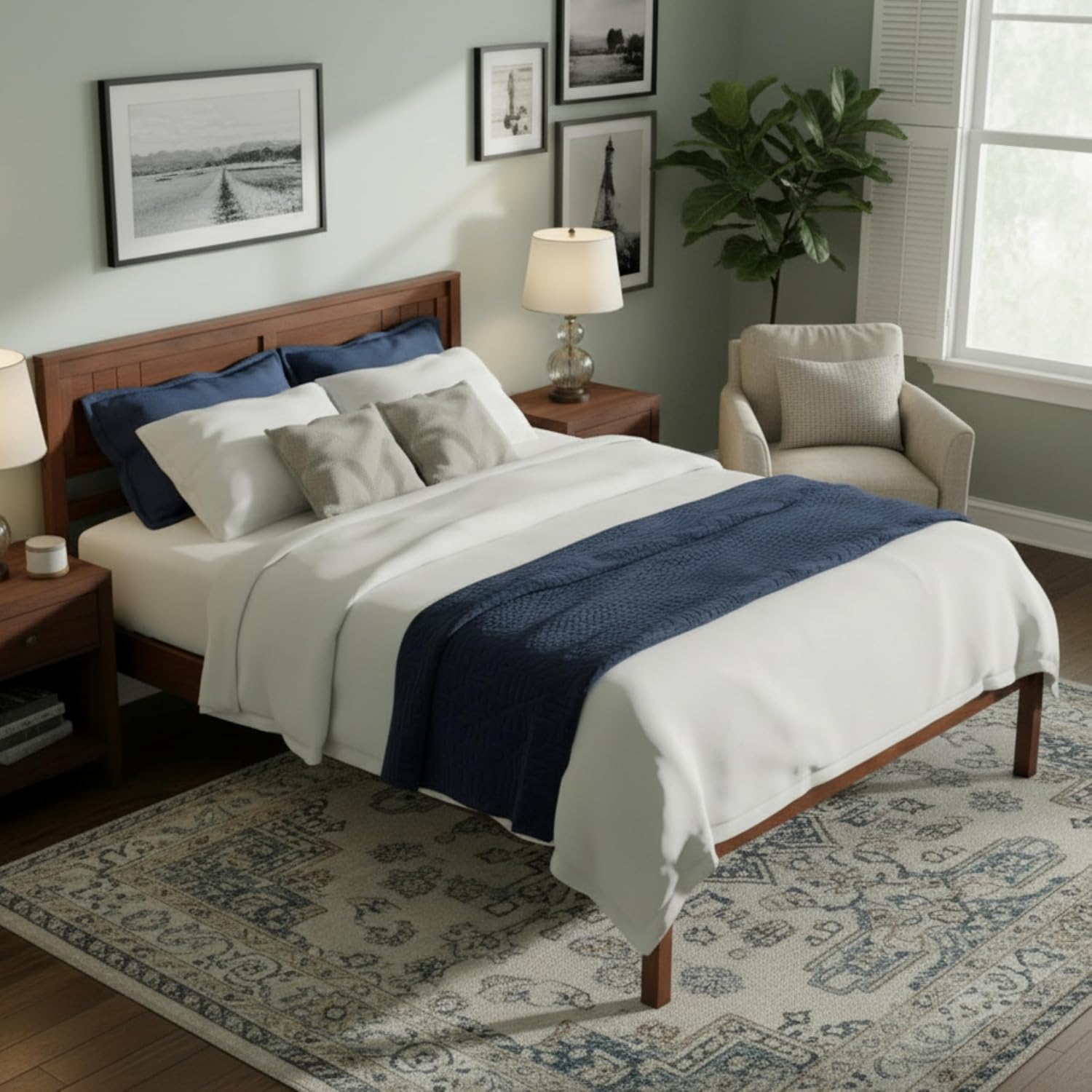 KOMFOTT Queen Size Wood Platform Bed Frame with Headboard, Solid Wood Bed Frame with Slat Support, 10-Leg Support, Under Bed Storage, 16' Mattress Foundation Bedroom Furniture, No Box Spring Needed