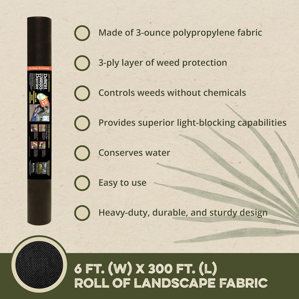 Pro 3 oz Landscape Fabric, Black, 6 x 300 Feet – Heavy-Duty Weed Control and Ground Cover for Gardens, Beds, Mulch, Outdoor Landscaping, and Yard Areas