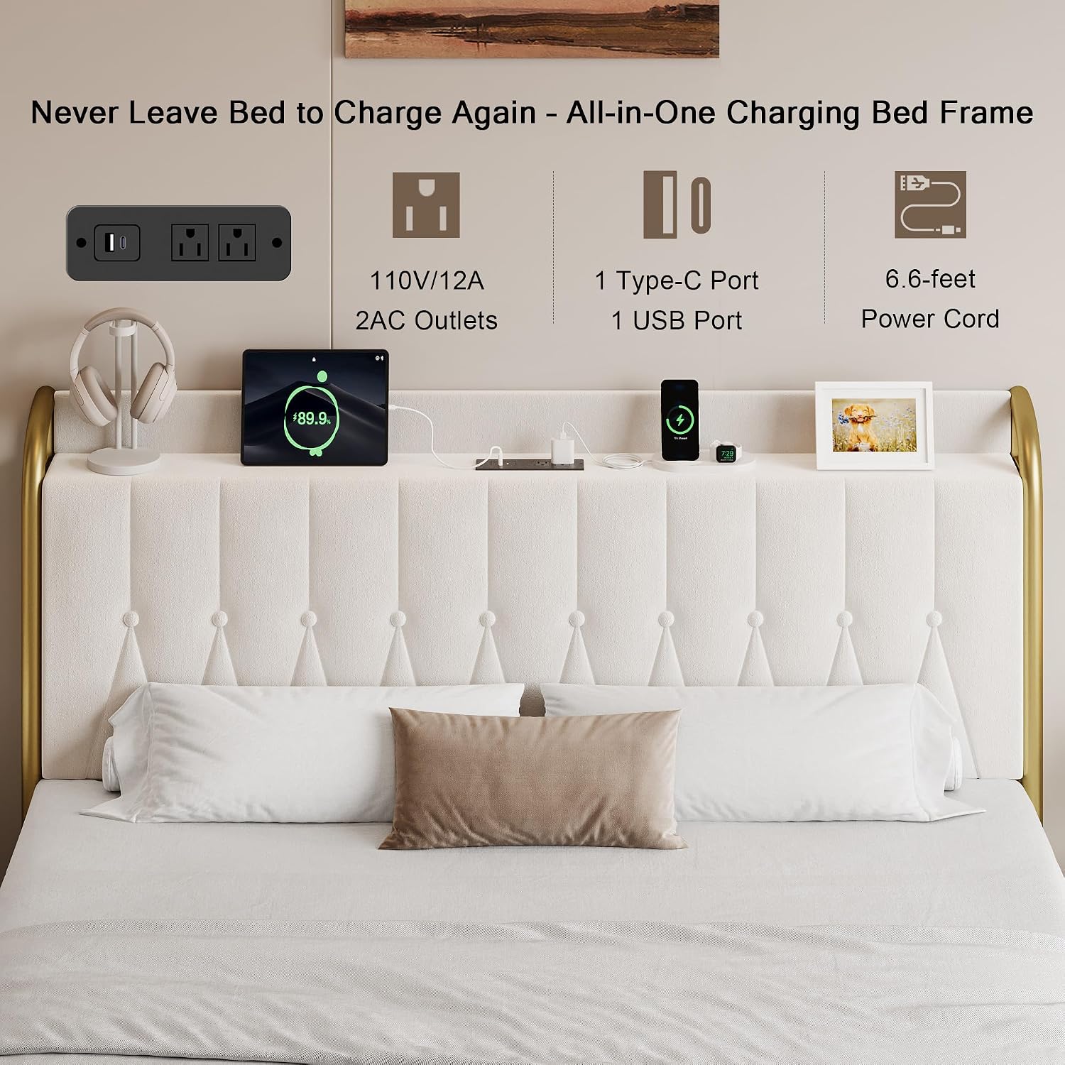Einhomn Full Size Velvet Bed Frame with Charging Station, Platform Bed with Upholstered Storage Headboard & Footboard, 12' Underbed Space, Noise-Free, Easy Assembly, No Box Spring Needed, Beige