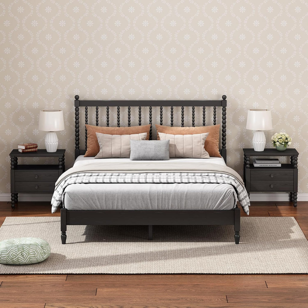 3 Pieces Bedroom Sets King Size Wood Platform Bed with Gourd Shaped Headboard with 2 Nightstands,Antique Black