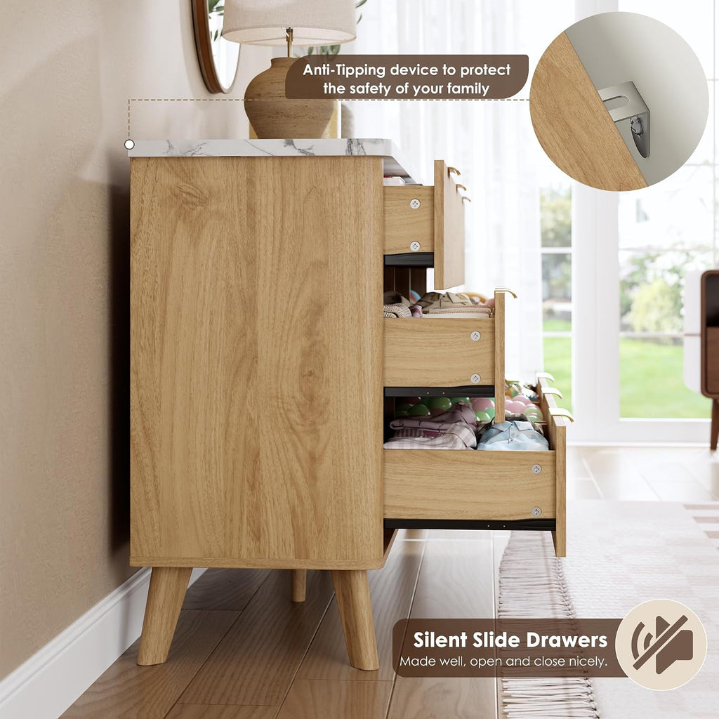 Fluted Dresser for Bedroom with 6 Deep Drawers, 47.2 in Tall Chest of Drawers with Faux Marble Top, Curved Profile Design, Modern Wooden Dresser, for Living Room, Kids Room, Hallway, Natural Oak