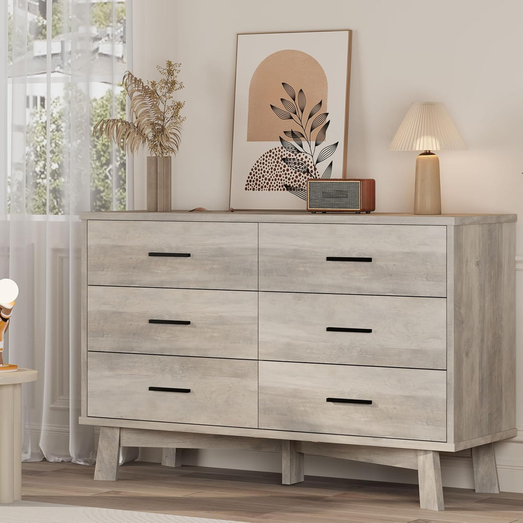 Xixini Dresser for Bedroom, 6 Drawer Wide Modern Chest of Drawers with X-Shaped Sturdy Base, Wood Double Dresser Closet Clothes Storage Organizer, Wooden TV Stand for Living Room, Hallway, Grey