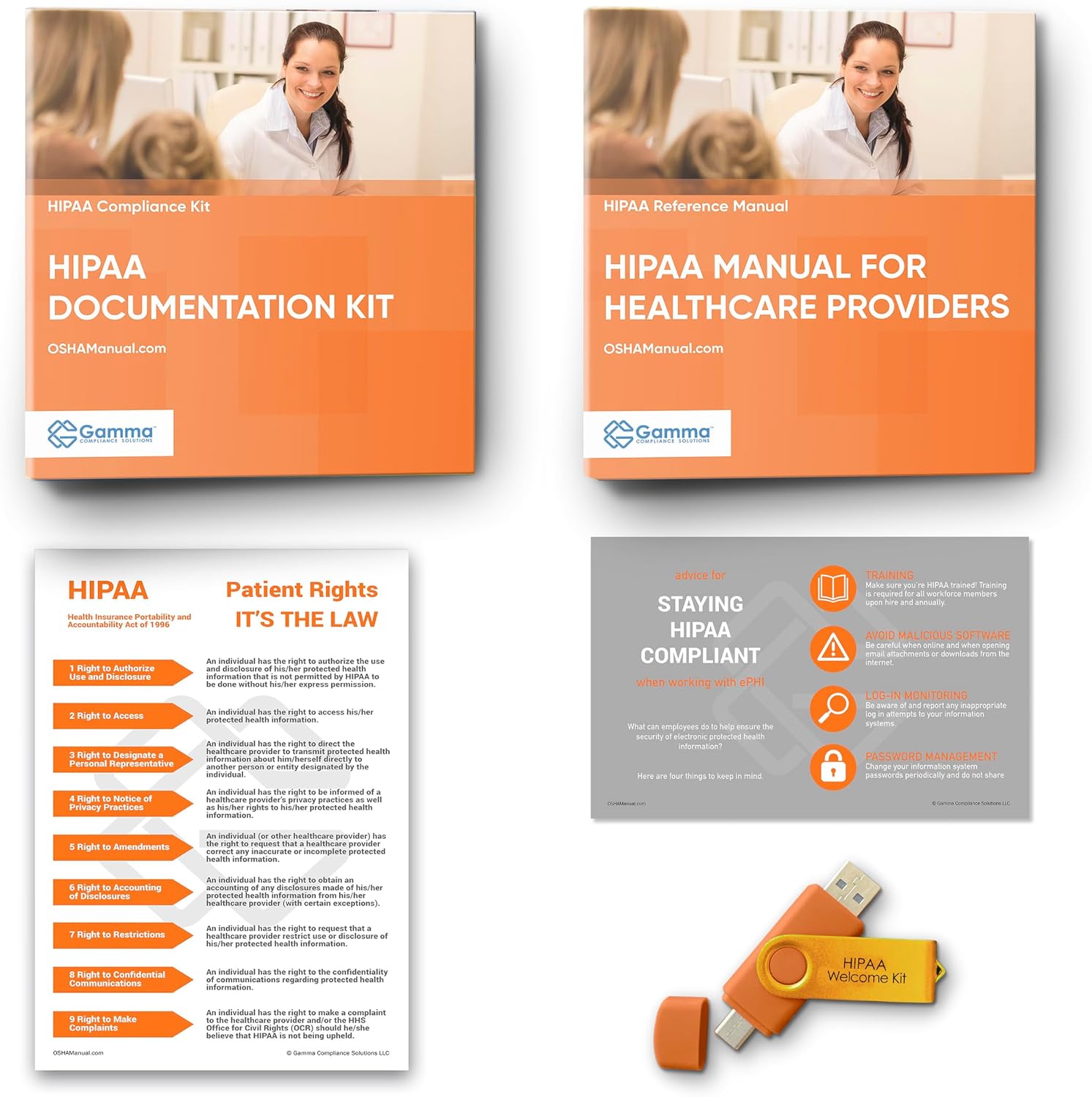 OSHA & HIPAA Package for Dental Offices: Hardcopy Manual (Regulations/Standards), Policies/Forms (USB), Training Outline/Test, Resource USB, Posters, Labels (All Other States)