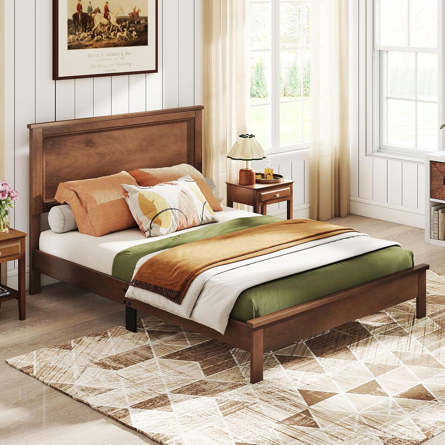 GOFLAME Full Size Wood Bed Frame, Mid-Century Modern Platform Bed with Headboard, Solid Wood Legs, Mattress Foundation with 12 Wooden Slats, No Box Spring Needed, Walnut