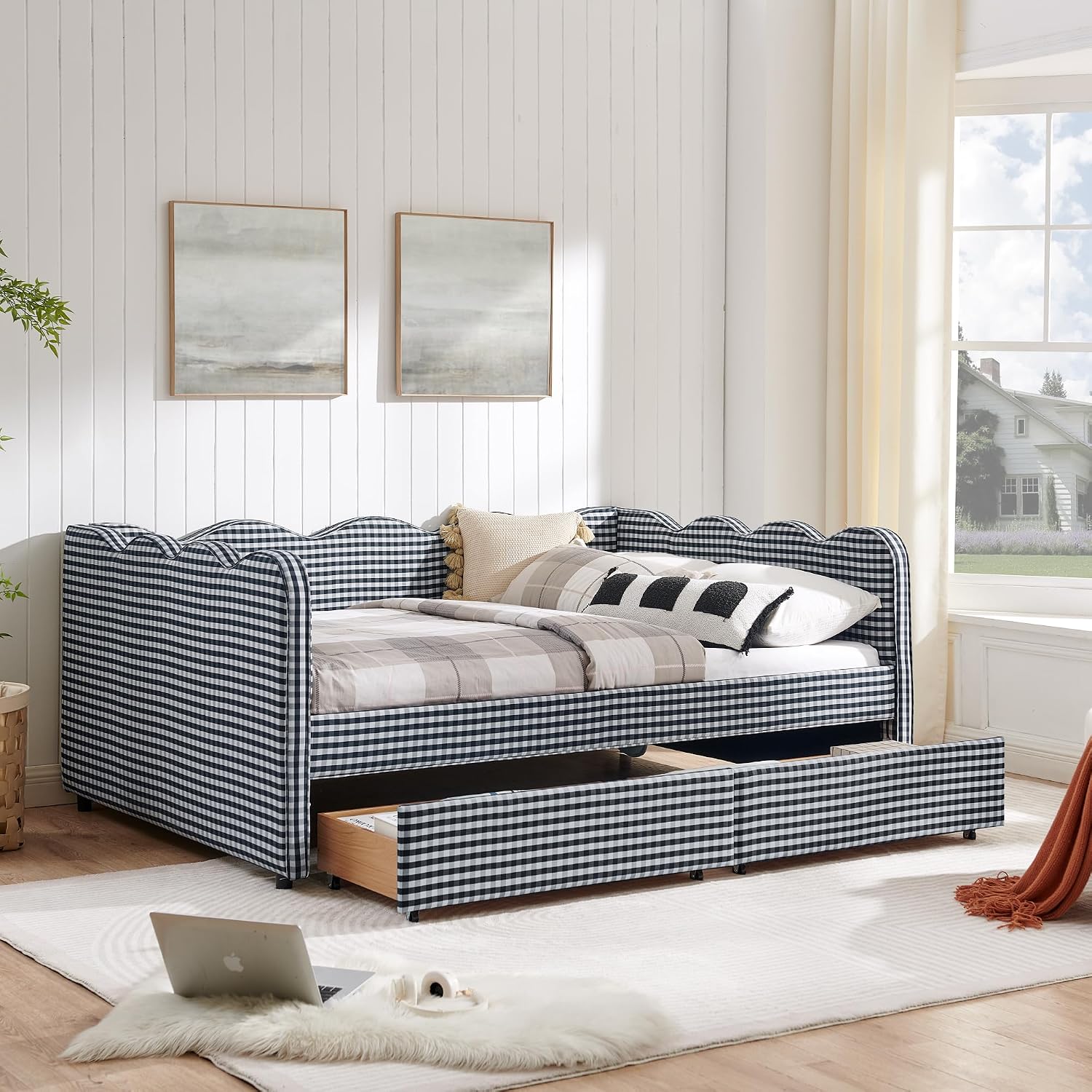 DEINPPA Full Size Upholstered Daybed with 2 Storage Drawers, Gingham Daybed with USB Ports for Bedroom Living Room Guest Room-Navy