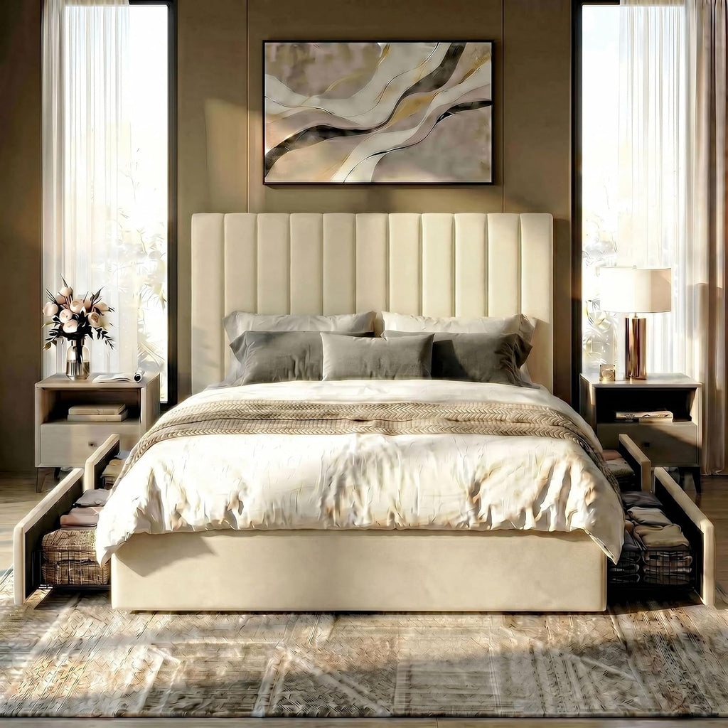 SHA CERLIN Full Size Platform Bed Frame with 4 Storage Drawers, Vertical Channel Tufted Adjustable Headboard, Velvet Upholstered, Wooden Slats Support, No Box Spring Needed, Easy Assembly, Cream