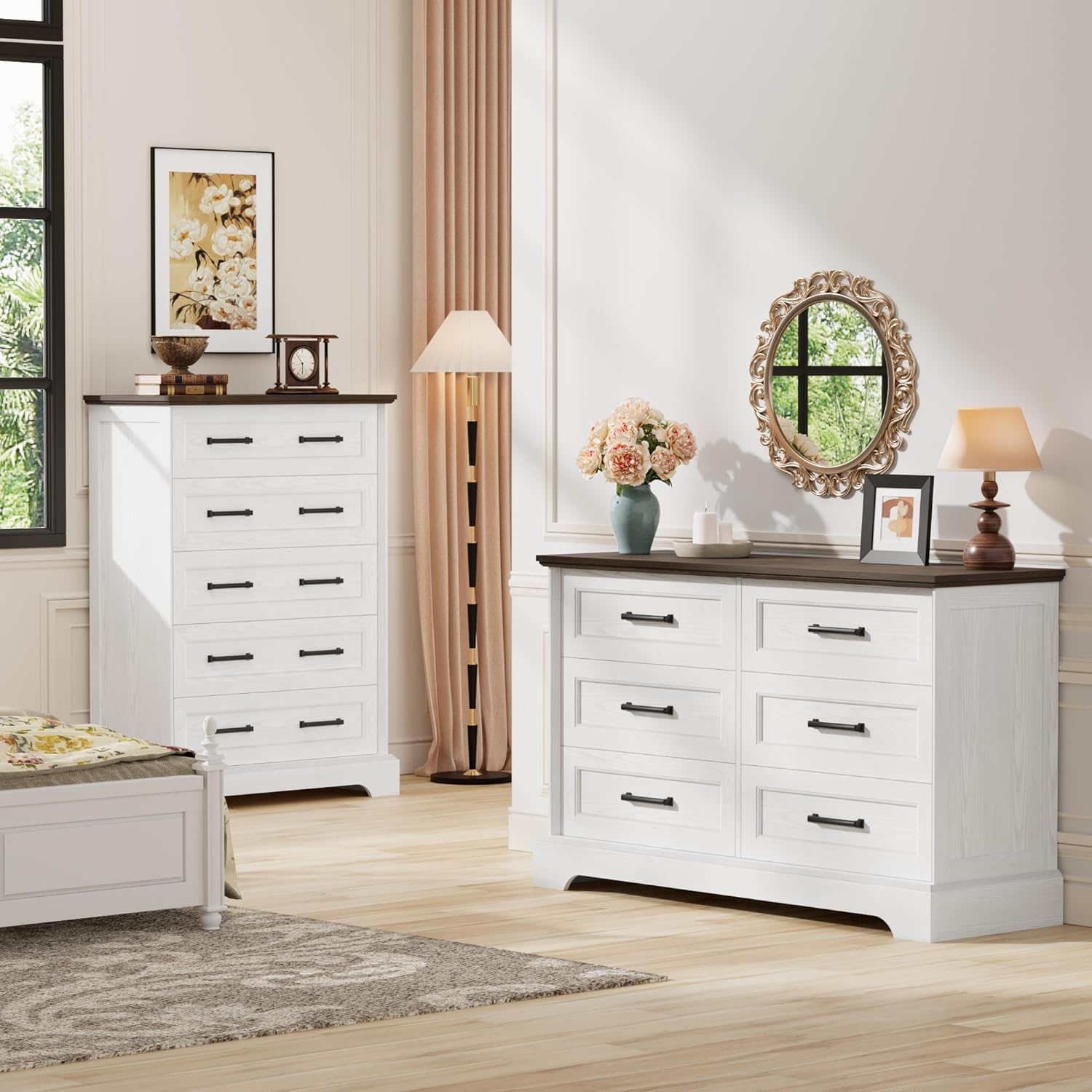 Furmax Farmhouse Dresser for Bedroom, 6 Drawers Dresser, Wood Chest of Drawers, 47.2' Wide Storage Dressers Organizer for Bedroom, Living Room, White and Brown