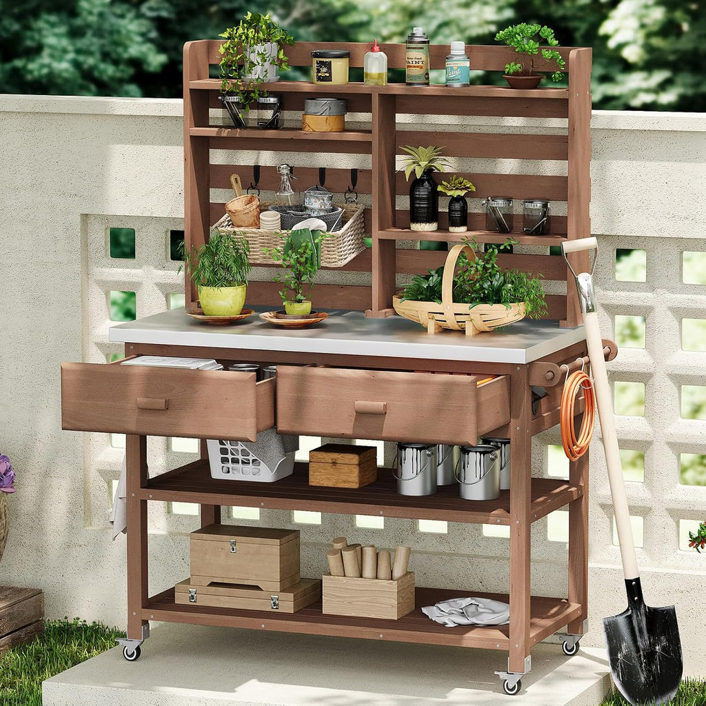 64.9' H Outdoor Potting Bench Table with Lockable Wheels, 52' W×22.2' D×64.9' H, Solid Fir Wood, Stainless Steel Top, 2 Drawers, Outdoor Storage for Grilling/Gardening, Brown