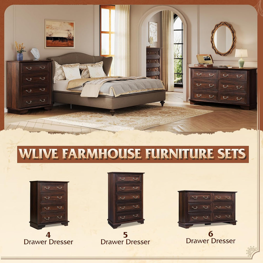 WLIVE Farmhouse 4 Drawer Dresser for Bedroom, 39' Tall Vintage Wood Chest of Drawers, Rustic Small Dressers with Square Wooden Legs, Mid-Century Storage Organizer for Living Room, Walnut