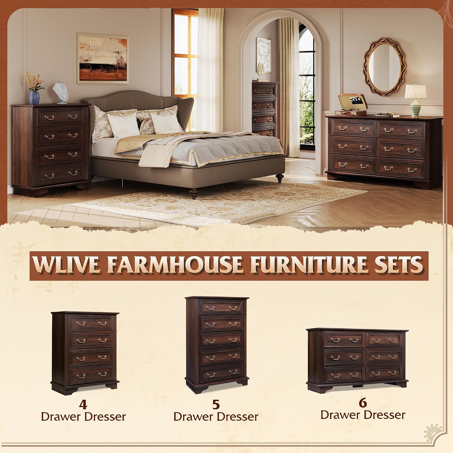 WLIVE Farmhouse 4 Drawer Dresser for Bedroom, 39' Tall Vintage Wood Chest of Drawers, Rustic Small Dressers with Square Wooden Legs, Mid-Century Storage Organizer for Living Room, Walnut