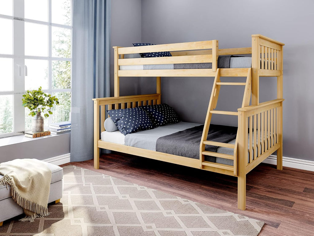 Max & Lily Bunk Bed Twin Over Full Size with Ladder, Solid Wood Platform Bed Frame with Ladder for Kids, 14' Safety Guardrails, Easy Assembly, No Box Spring Needed, Natural