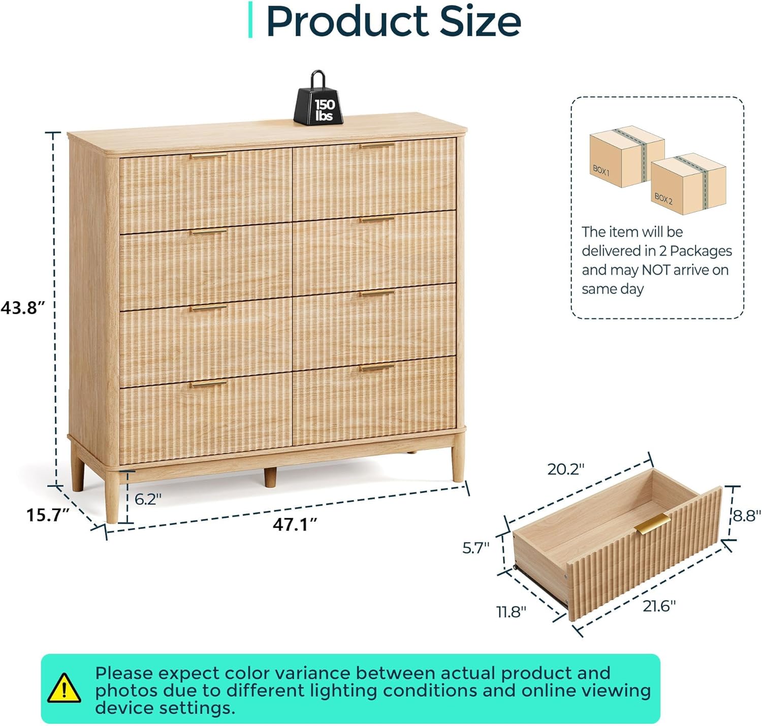 LINSY HOME Fluted Dresser for Bedroom with 8 Drawers, 47' Wide Mid Century Modern Dressers, Tall Boho Chest of Drawers, Large Wood Accent Storage Cabinet for Living Room, Curved Profile Design, Oak