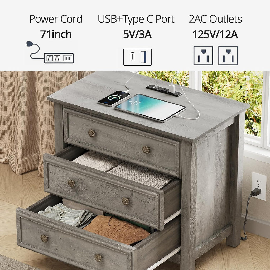 LGHM Large Nightstand with Charger Station, 27' W Night Stand with 3 Large Drawers, Accent Small Dresser Bed Side Table, Stable Thick Wood Legs, Timeless Look,Gray