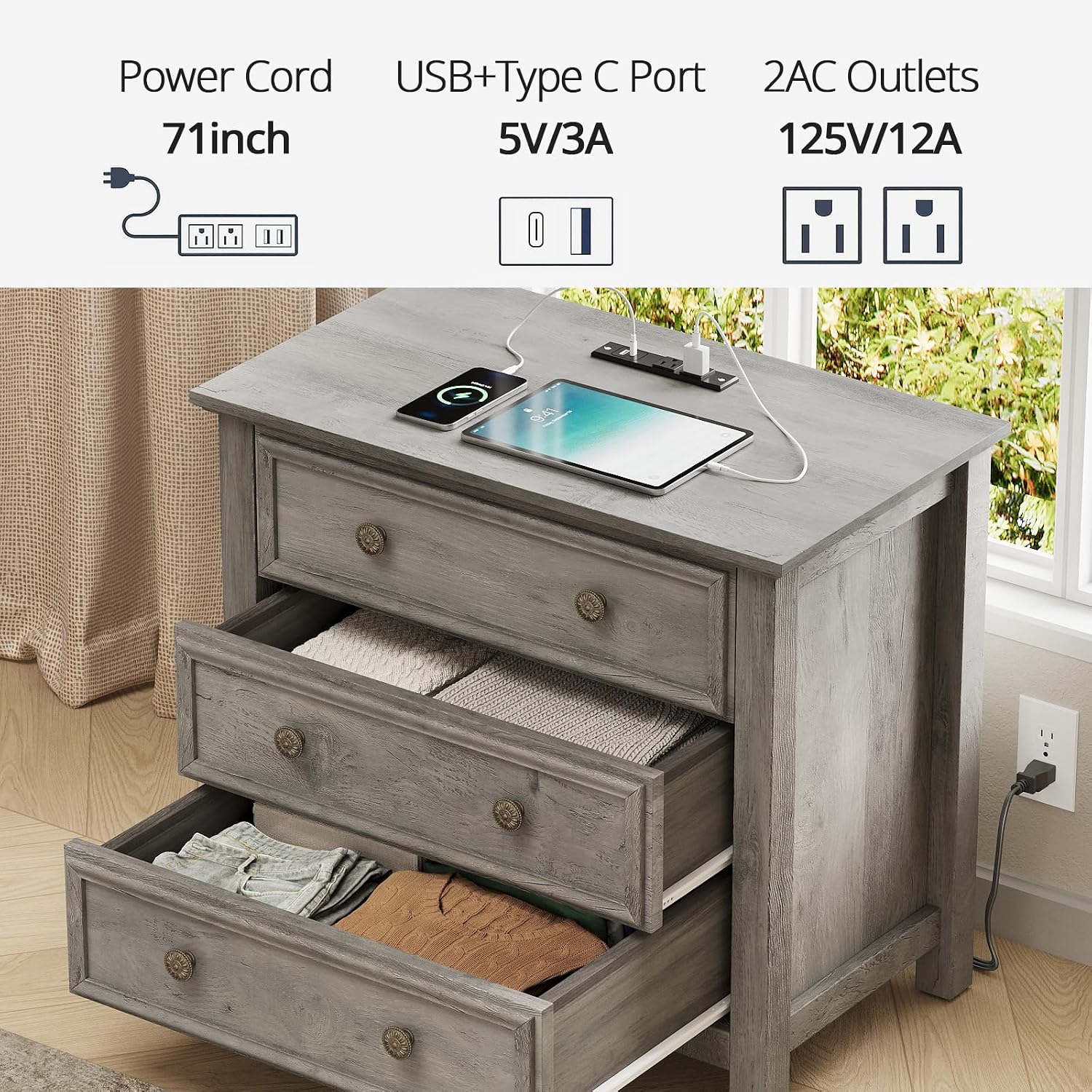 LGHM Large Nightstand with Charger Station, 27' W Night Stand with 3 Large Drawers, Accent Small Dresser Bed Side Table, Stable Thick Wood Legs, Timeless Look,Gray
