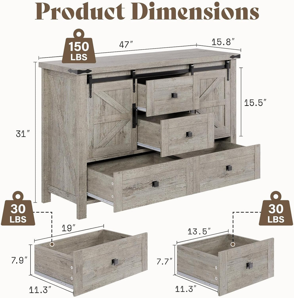 AMERLIFE 4 Pieces Farmhouse Bedroom Set, Includes Full Size Bookcase Headboard Bed Frame, 5 Drawer Tall Dresser, 47'' Dresser with 4 Drawers, 60' Dresser with 4 Drawers, Light Rustic Oak