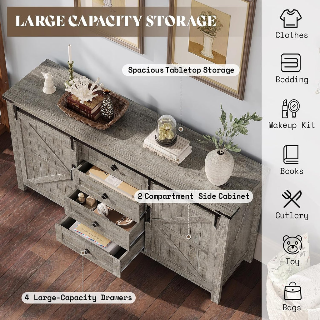 AMERLIFE 4 Pieces Farmhouse Bedroom Set, Includes Queen Size Bookcase Headboard Bed Frame, 5 Drawer Tall Dresser, 47'' Dresser with 4 Drawers, 60' Dresser with 4 Drawers, Light Rustic Oak