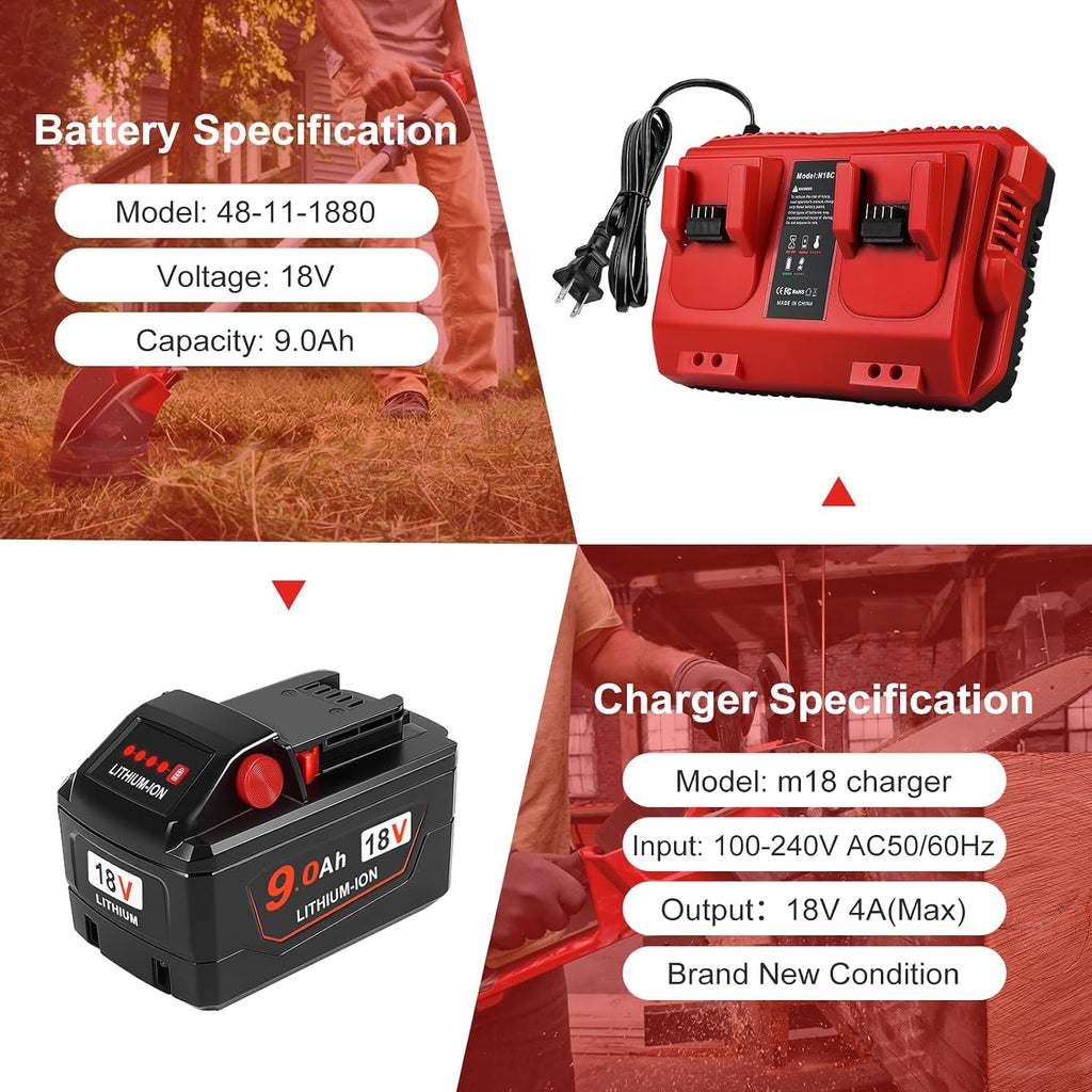 2 Pack 18V 9.0 Ah Battery and 2-Port Charger Replacement for Milwaukee M-18 Batteries