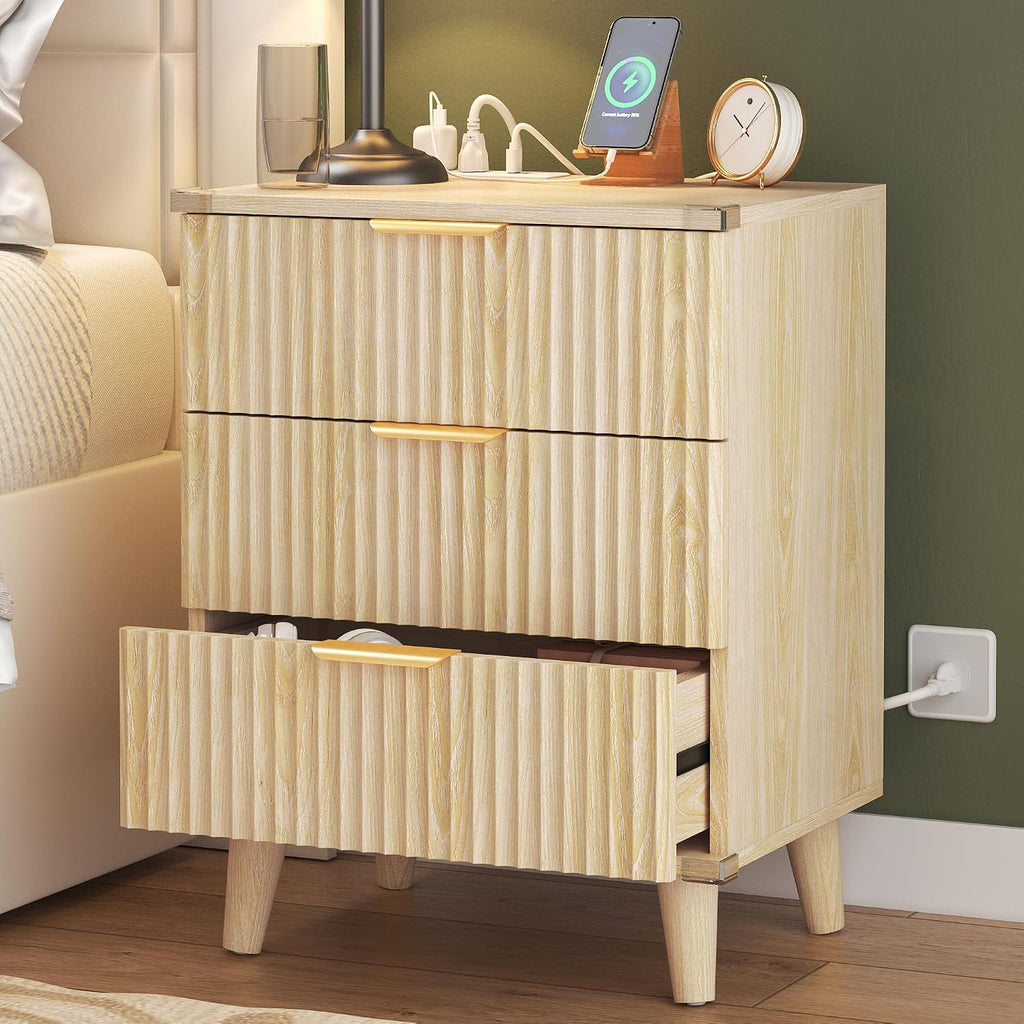 Lulive Wood 3 Drawers Dresser Fluted Night Stand with Charging Station, Storage Nightstand Modern Side Table, Bedside Table for Bedroom, Entryway Natural