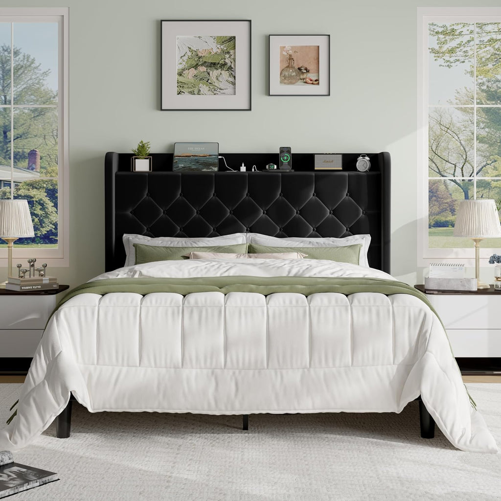 SHA CERLIN Full Size Platform Bed Frame with Charging Station, Velvet Wingback Headboard with Storage Shelf, Wooden Slats Support, Ample Under-Bed Space, No Box Spring Needed, Easy Assembly, Black