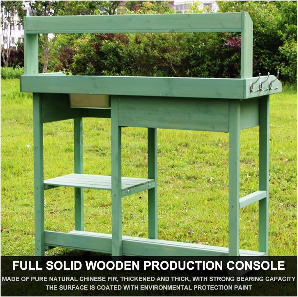 Potting Bench Table,Garden Potting Table, Potting Bench Garden Table Outdoor Garden Work Station with Removable Stainless Sink Planting Work Bench with Storage Shelves and Drawer, Green