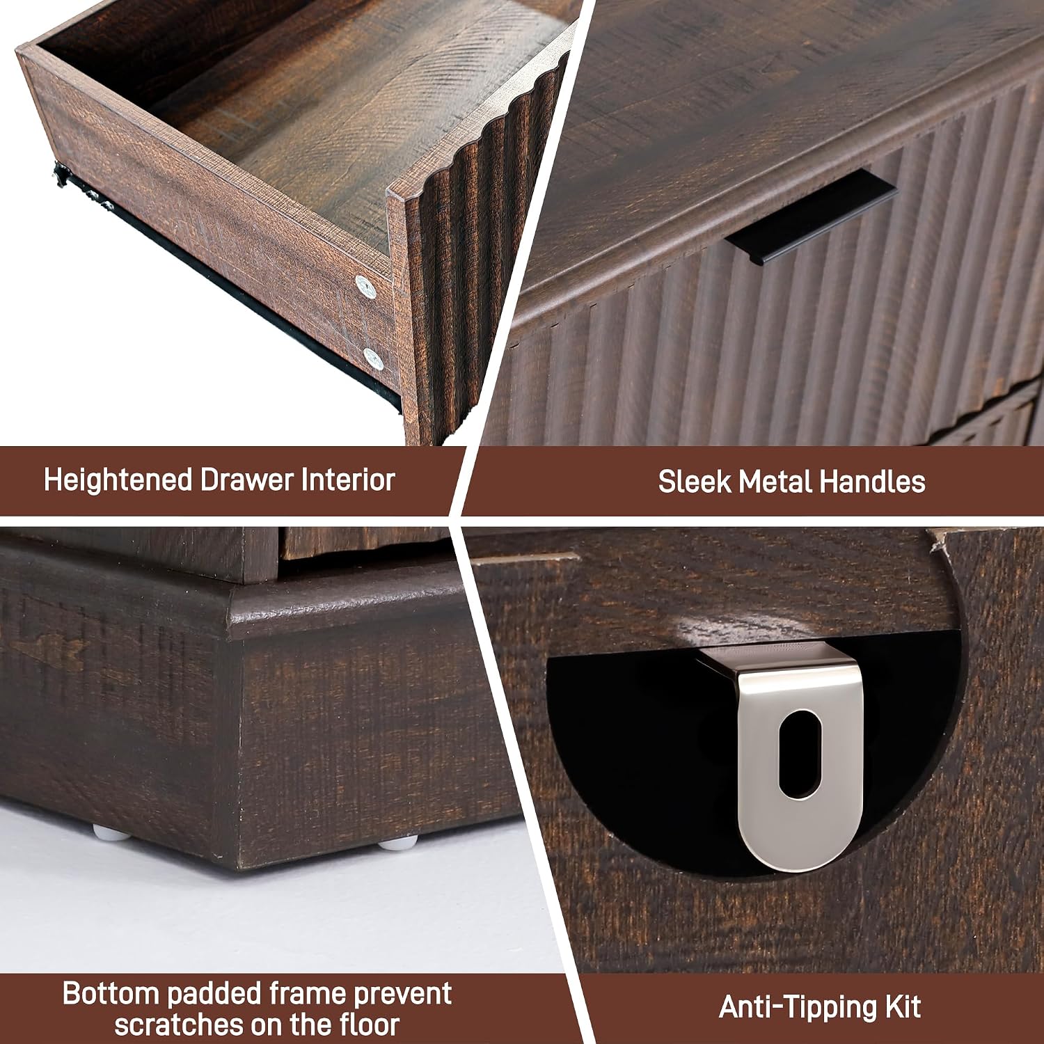 Fluted 9 Drawers Dresser for Bedroom, 63' Wood Dresser with Power Outlet and Deep Drawers, Wide Chest of Drawers, Modern Closet Dressers for Living Room, Upgraded Version with Wooden Drawers, Brown