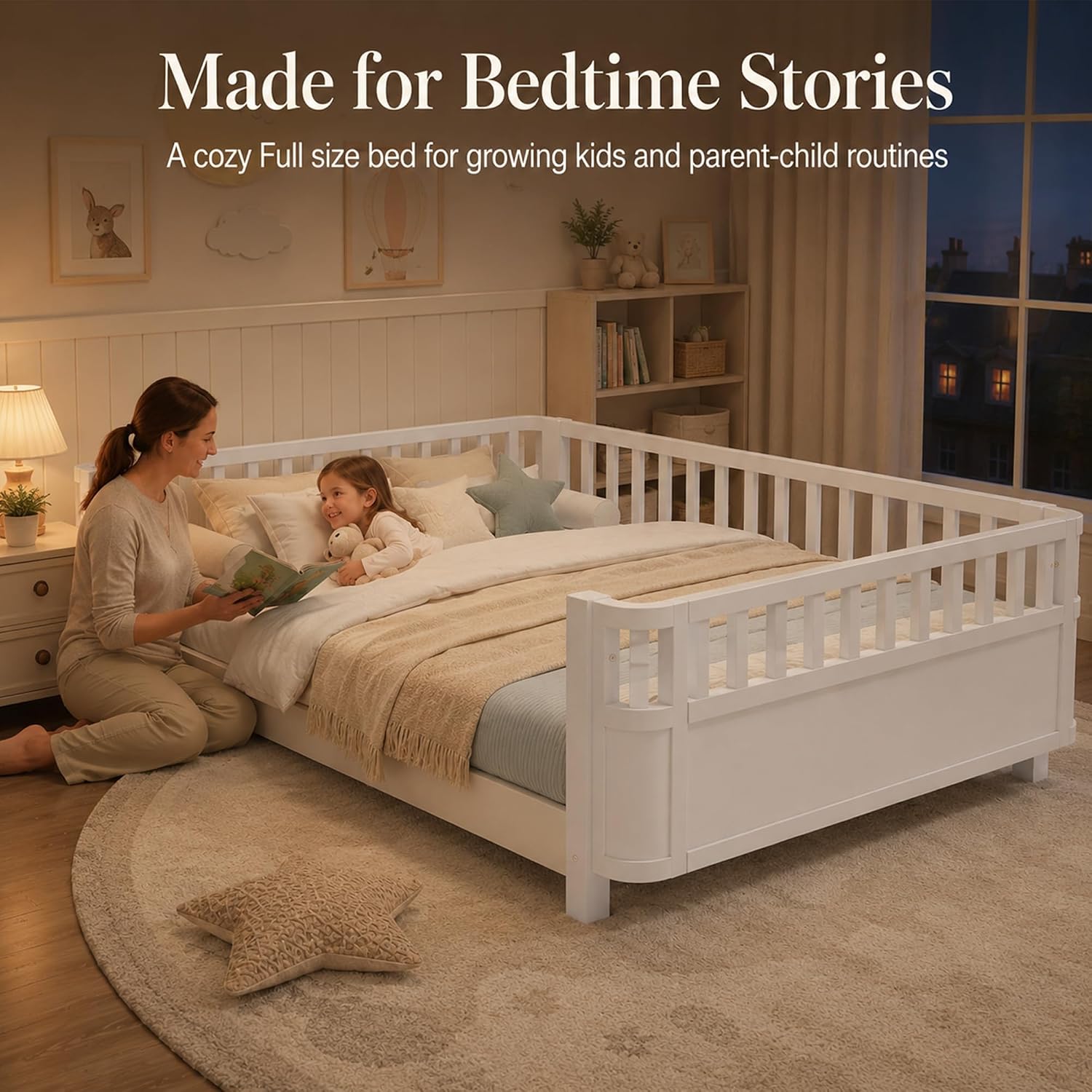 Full Size Kids Bed Frame, Low Profile Montessori Bed Full with Rails, Wood Daybed for Girls & Boys, No Spring Box Required, No Squeaks, White