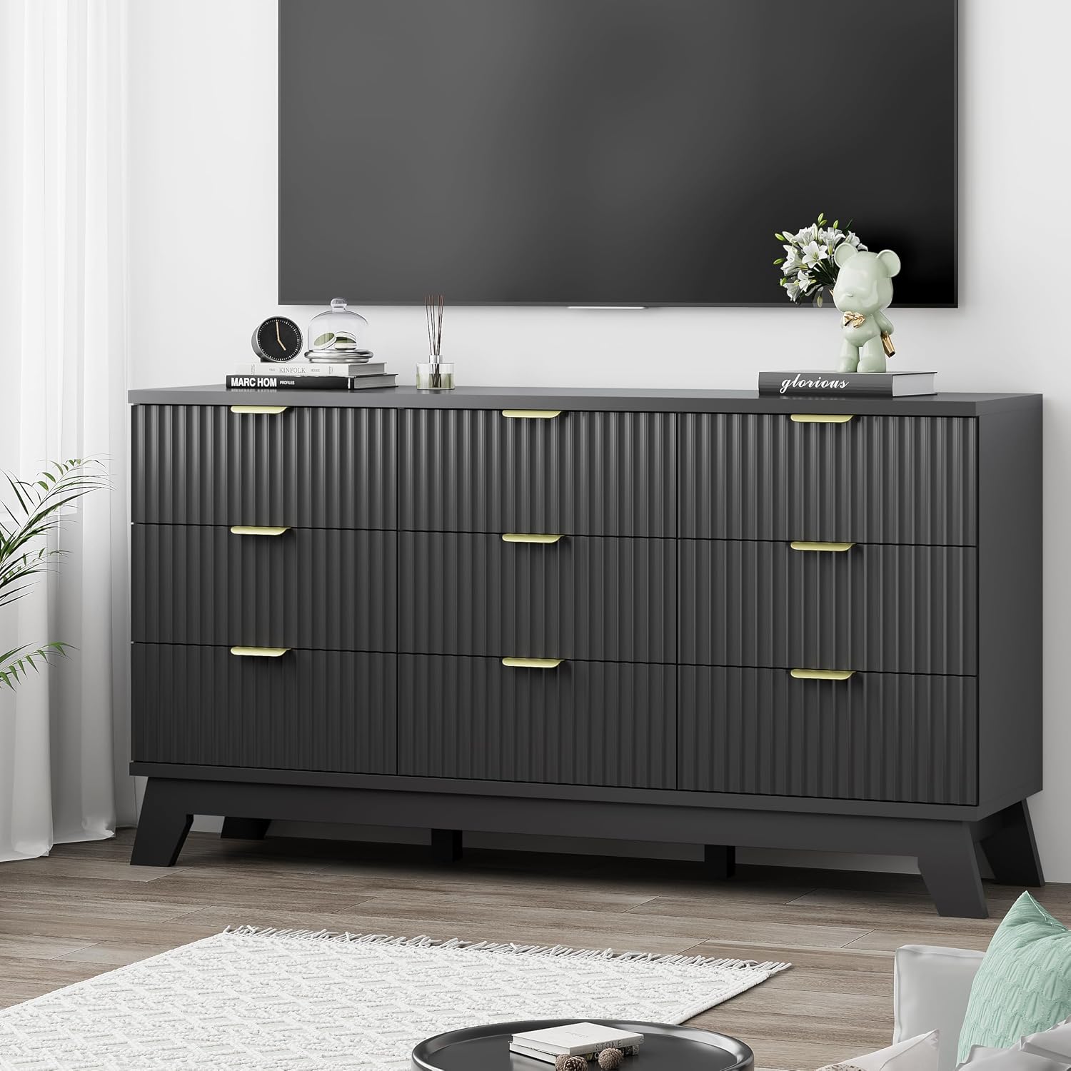Xixini Fluted Dresser for Bedroom with 9 Drawers, 57' Wide Chest of Drawers with Metal Handle, Modern Wood Dresser TV Stand, Wooden Closet Clothes Storage Organizer for Living Room, Hallway, Black