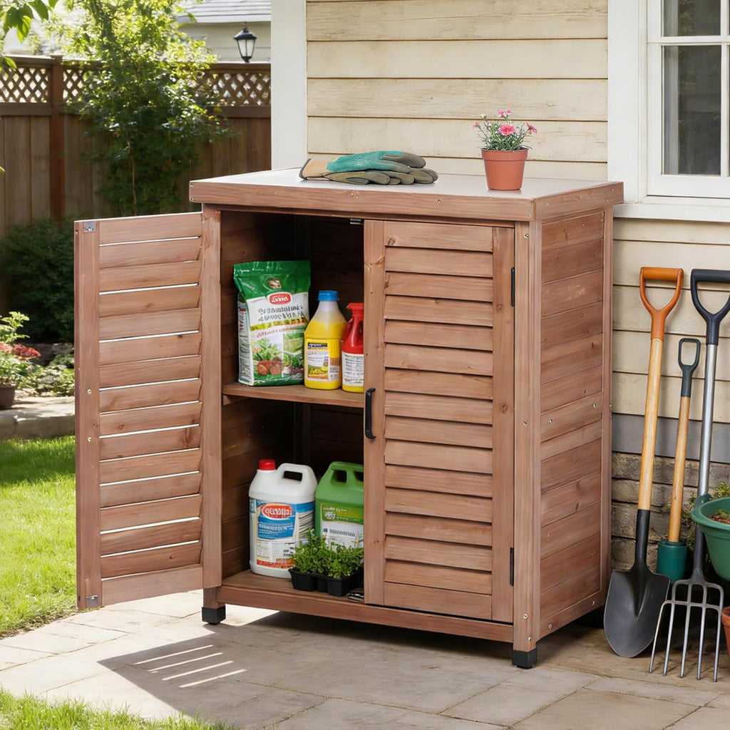 Potting Bench with Storage Cabinet and Metal Table Top for Outdoor Patio, Garden Furniture Wood Workstation (Brown)