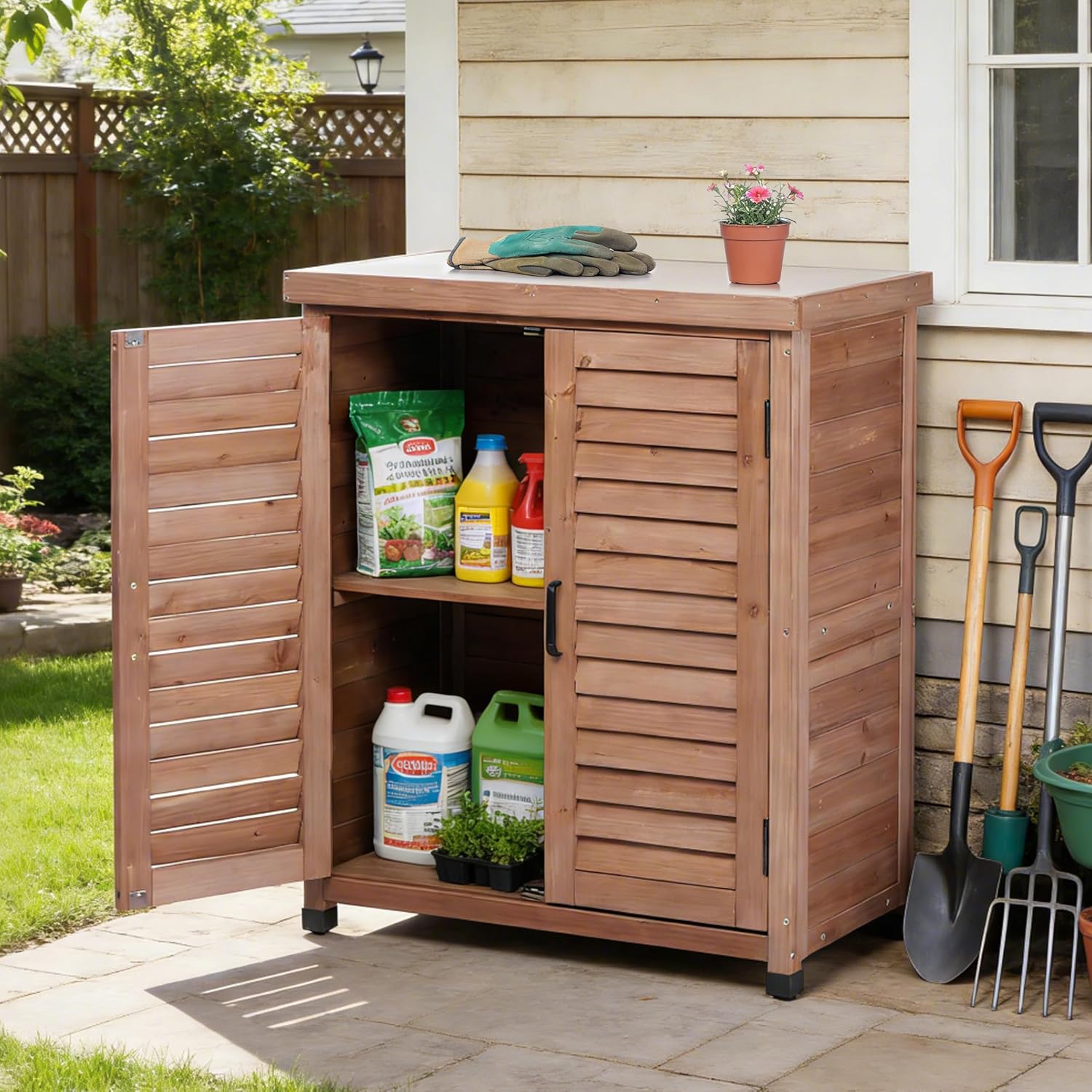 Potting Bench with Storage Cabinet and Metal Table Top for Outdoor Patio, Garden Furniture Wood Workstation (Brown)