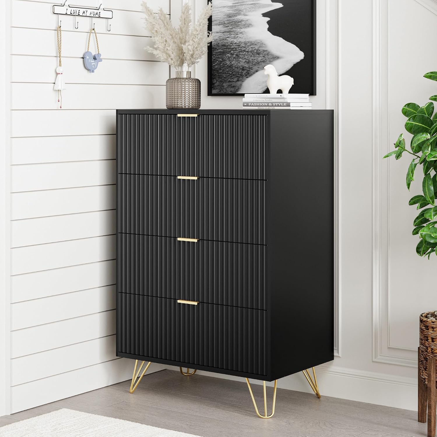 MAISONARIA Black Dresser for Bedroom, 4 Drawer Dresser with Gold Metal Handles & Chests of Drawers, Chests of Drawers for Hallway, Bedroom