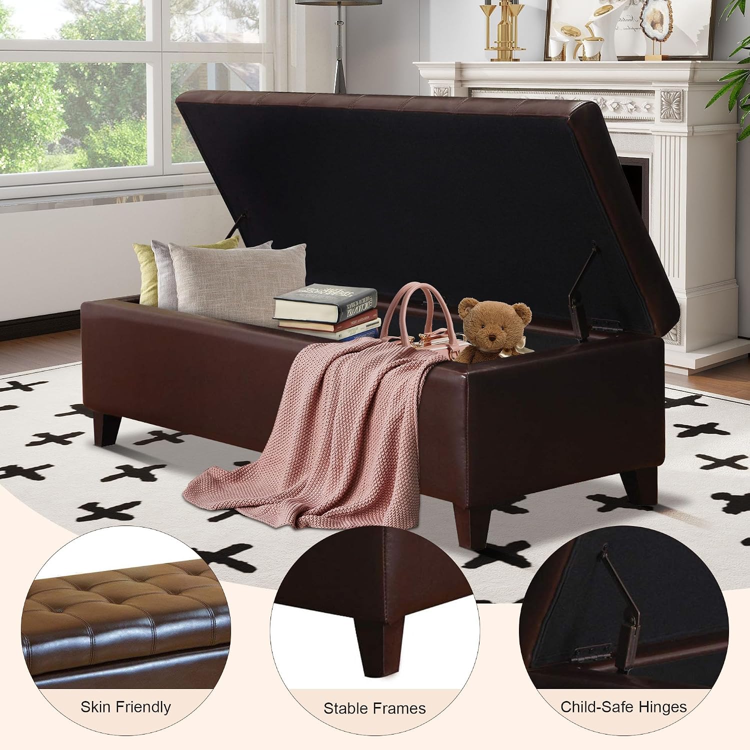 51-Inch Tufted Storage Ottoman Bench, Faux Leather Upholstered Footrest with Large Capacity, Modern End of Bed Bench for Bedroom, Living Room, Brown